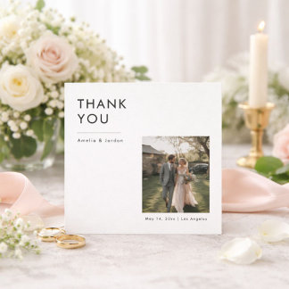 Tarjeta De Agradecimiento Modern Minimalist Rustic Photo Wedding Square
