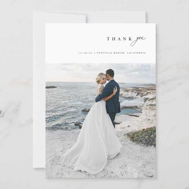 Tarjeta De Agradecimiento Modern Minimalist Simple Script Wedding Photo (Anverso)