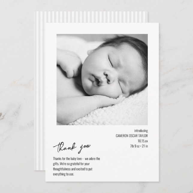 Tarjeta De Agradecimiento Modern Minimalist Stripe Baby Photo Birth Arrival (Anverso / Reverso)