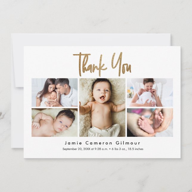 Tarjeta De Agradecimiento Modern Multi-Photo Newborn Baby Name Birth stats (Anverso)