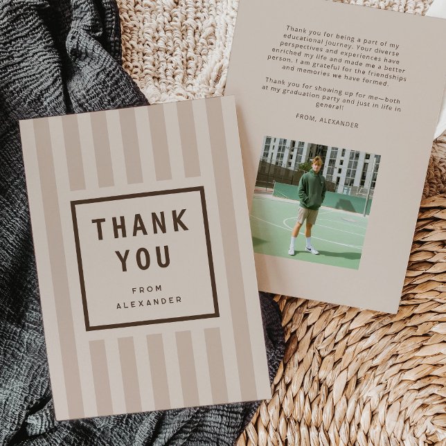 Tarjeta De Agradecimiento Modern Neutral Stripes Graduation Thank You (modern grey and beige sporty stripes graduation thank you card)