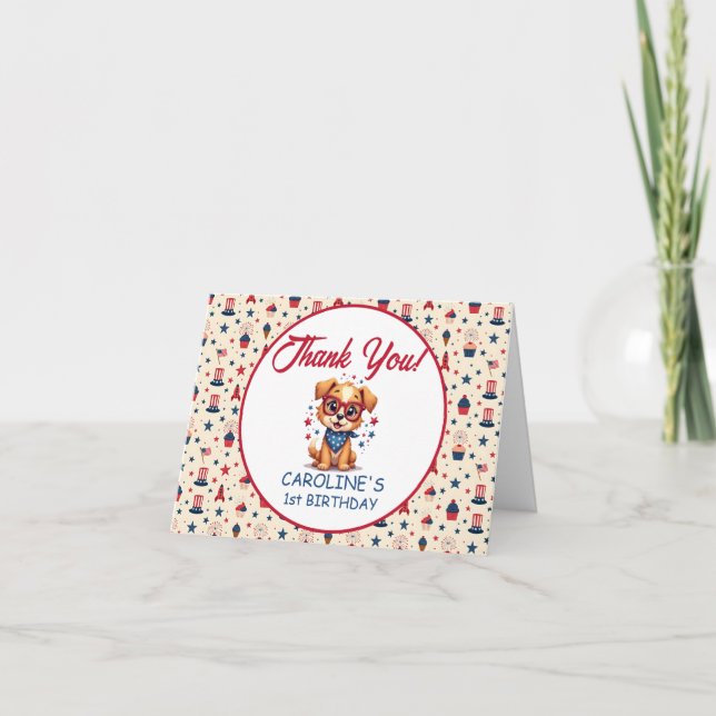 Tarjeta De Agradecimiento Modern Patriotic Doggy First Birthday (Anverso)