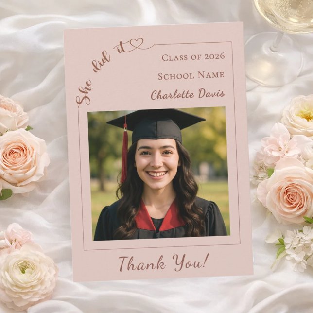Tarjeta De Agradecimiento Modern photo champagne Graduation She did it (Subido por el creador)