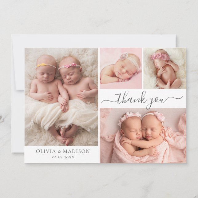 Tarjeta De Agradecimiento Modern Photo Collage Girl Twins Baby Thank You (Anverso)