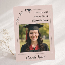 Tarjeta De Agradecimiento Modern photo pink neutral Graduation She did it
