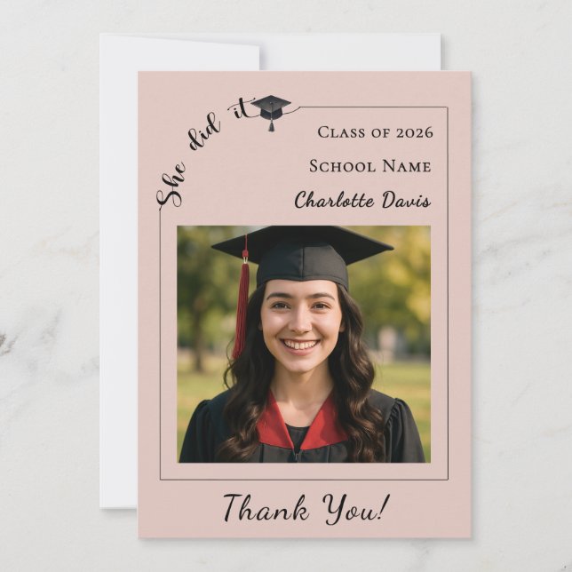 Tarjeta De Agradecimiento Modern photo pink neutral Graduation She did it (Anverso)