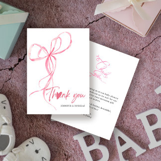 Tarjeta De Agradecimiento Modern Pink Bow Baby Shower Ribbon Heart
