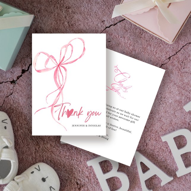 Tarjeta De Agradecimiento Modern Pink Bow Baby Shower Ribbon Heart (Subido por el creador)