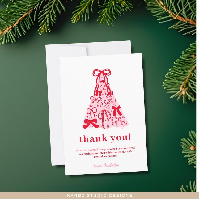 Tarjeta De Agradecimiento Modern Pink Red Tree Bow Birthday (Flat Thank You Card shown in 3.5 x 5 inches. Choose size, paper type, and standard-high def. print)