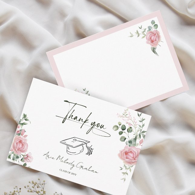 Tarjeta De Agradecimiento Modern Pink Roses Script Graduation (Subido por el creador)