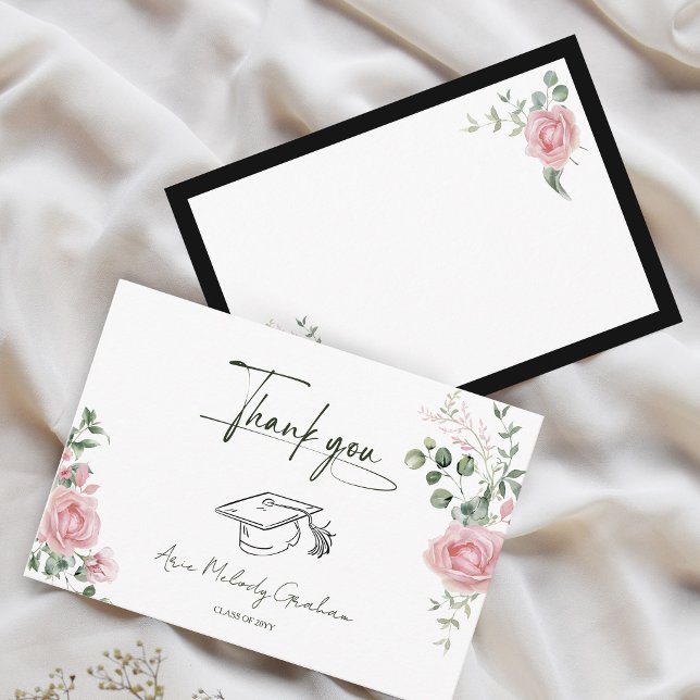 Tarjeta De Agradecimiento Modern Pink Roses Script Graduation (Subido por el creador)