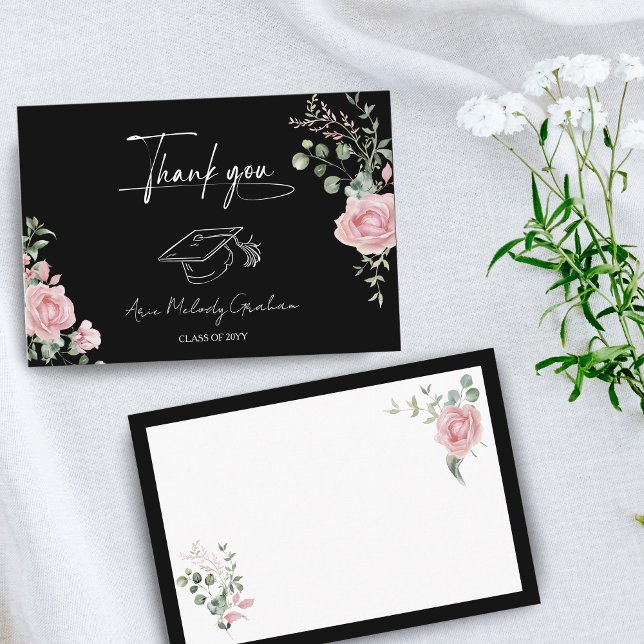 Tarjeta De Agradecimiento Modern Pink Roses Script Graduation (Subido por el creador)