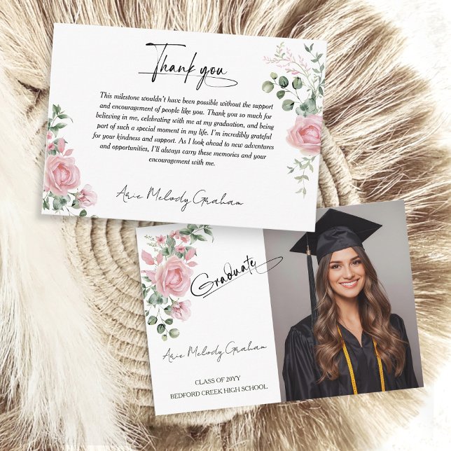Tarjeta De Agradecimiento Modern Pink Roses Script Graduation Photo (Subido por el creador)