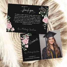 Tarjeta De Agradecimiento Modern Pink Roses Script Graduation Photo