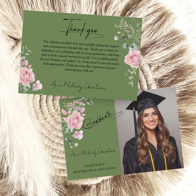 Tarjeta De Agradecimiento Modern Pink Roses Script Graduation Photo (Subido por el creador)