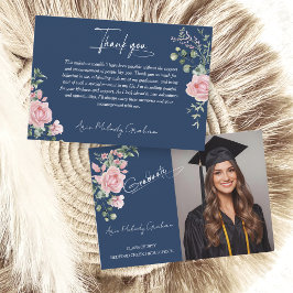 Tarjeta De Agradecimiento Modern Pink Roses Script Graduation Photo
