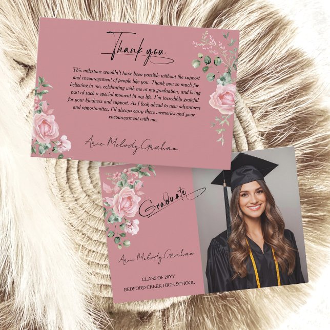 Tarjeta De Agradecimiento Modern Pink Roses Script Graduation Photo (Subido por el creador)