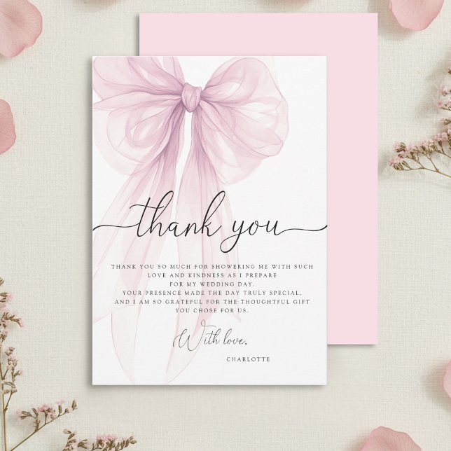 Tarjeta De Agradecimiento Modern Pink Watercolor Bow Bridal Shower (Subido por el creador)