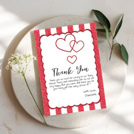 Tarjeta De Agradecimiento Modern Red Chalk Stripes Triple Hearts Baby Shower
