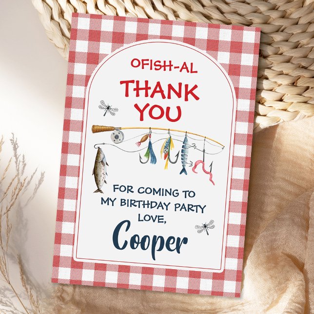 Tarjeta De Agradecimiento Modern Red Ofishally One 1st Birthday  (Fishing Birthday Thank You Card, Ofishally One Birthday Thank you Card, Red Gingham Fishing Card
)