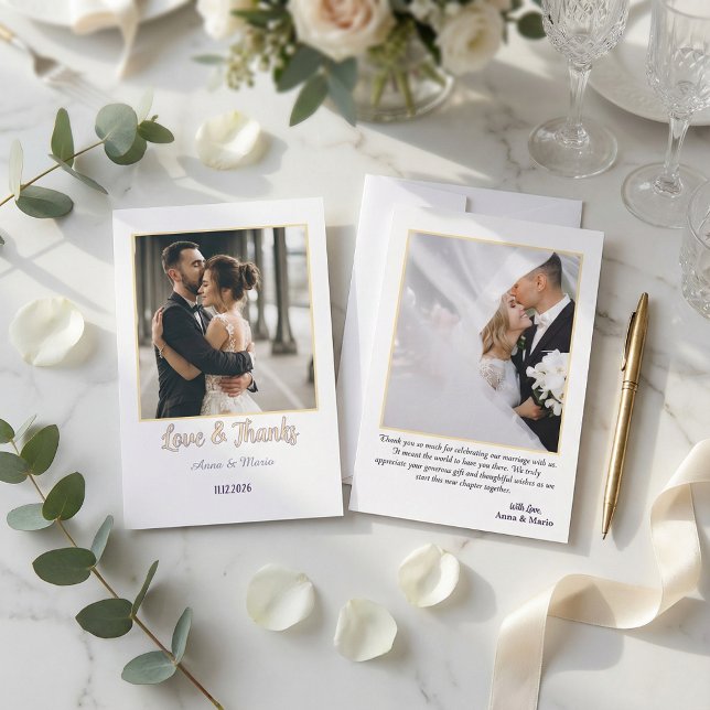 Tarjeta De Agradecimiento Modern Retro Typography Faux Gold Photo Wedding (Subido por el creador)