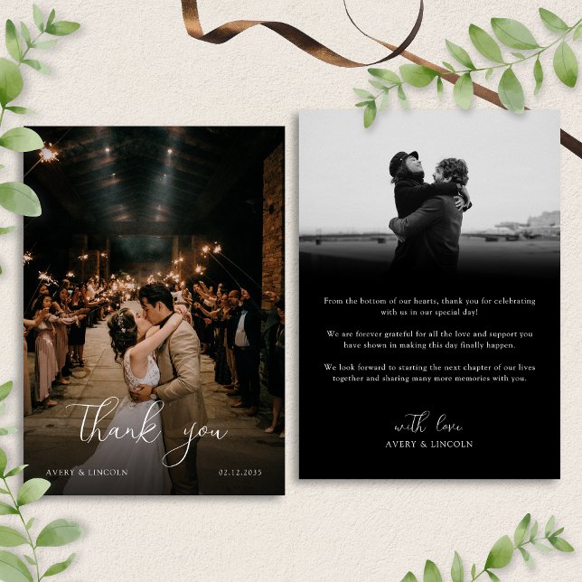 Tarjeta De Agradecimiento Modern Romantic Black & White Photo Script Wedding (Subido por el creador)