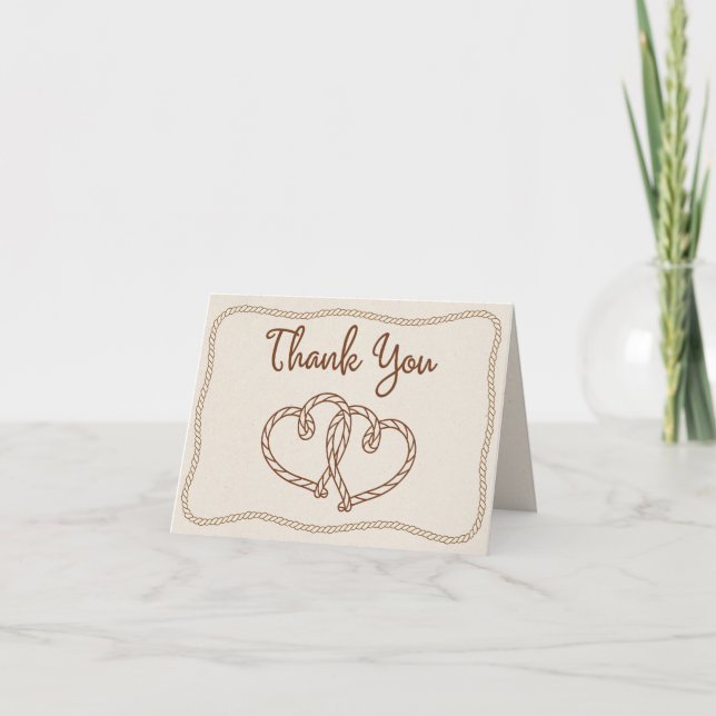 Tarjeta De Agradecimiento Modern Rustic Western Rope Hearts Ranch Wedding (Anverso)