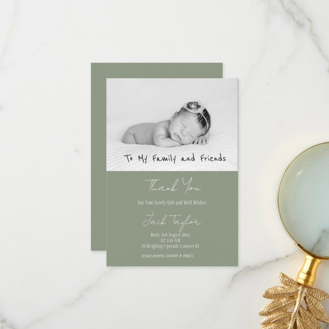 Tarjeta De Agradecimiento Modern Sage Green Photo Handwriting Baby Birth   (Anverso/Reverso In Situ)