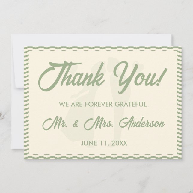 Tarjeta De Agradecimiento Modern Sage Green Wavy Stripe Photo Wedding (Anverso)