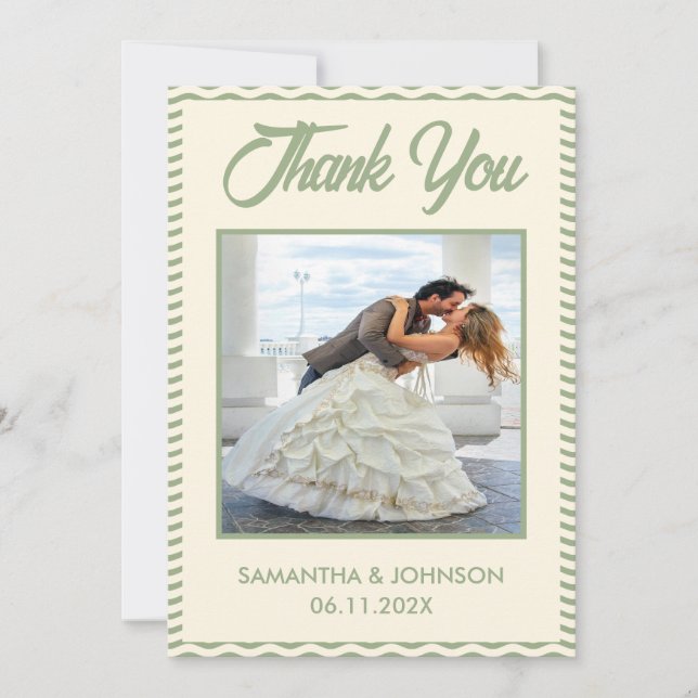 Tarjeta De Agradecimiento Modern Sage Green Wavy Stripe Wedding Photo (Anverso)