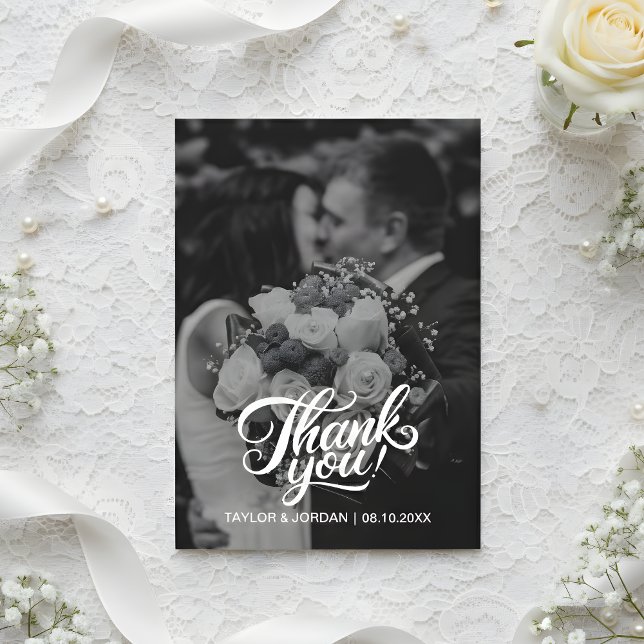 Tarjeta De Agradecimiento Modern Script Full Photo Wedding Custom Thank You  (Subido por el creador)