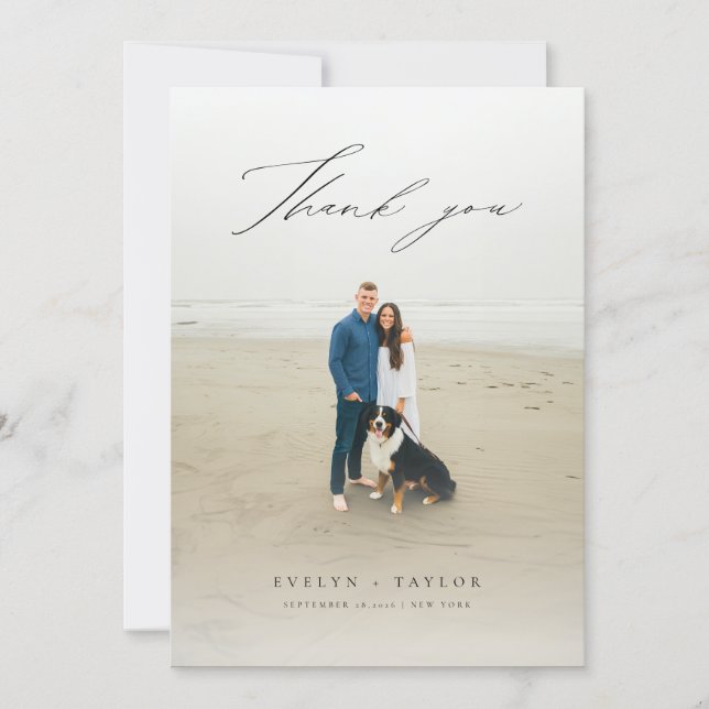 Tarjeta De Agradecimiento Modern Script Photo Overlay Wedding Message (Anverso)