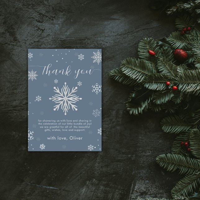 Tarjeta De Agradecimiento Modern Silver Blue Magical Snowflake Baby Shower  (Modern Silver Blue Magical Snowflake Baby Shower Thank You Card)