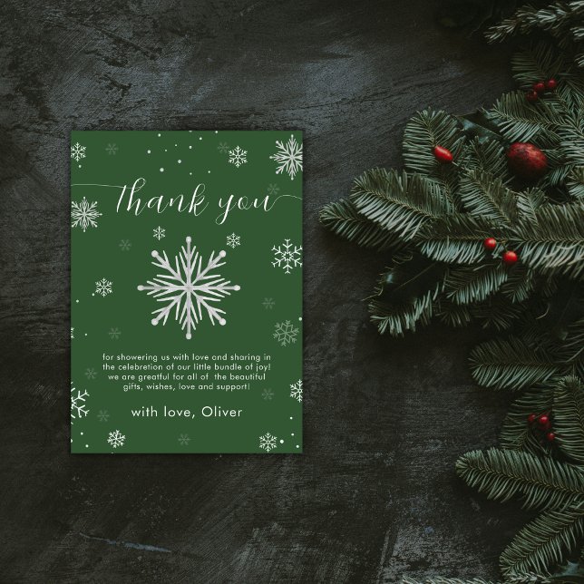Tarjeta De Agradecimiento Modern Silver Green Magical Snowflake Baby Shower  (Modern Silver Green Magical Snowflake Baby Shower Thank You Card)
