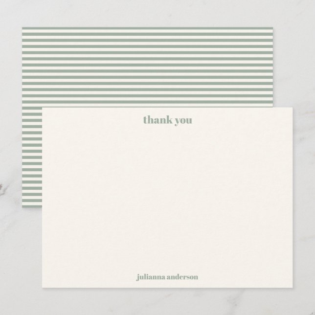 Tarjeta De Agradecimiento Modern Simple Sage Green Stripes Personalized Name (Anverso / Reverso)