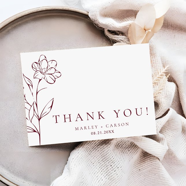 Tarjeta De Agradecimiento Modern Sketched Floral Burgundy Stylish Wedding (Subido por el creador)