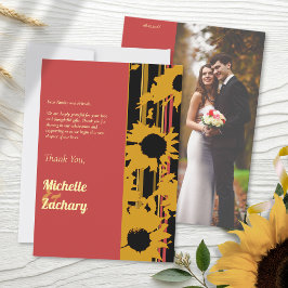 Tarjeta De Agradecimiento Modern Sunflower Sunset Coral Gold Wedding