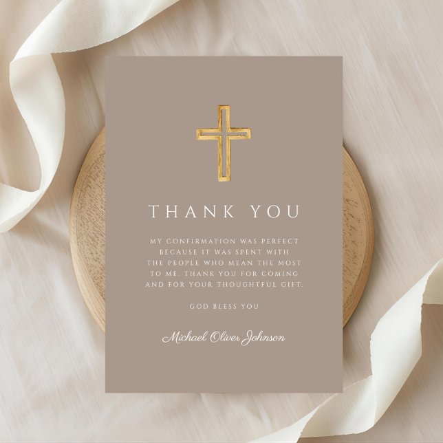 Tarjeta De Agradecimiento Modern Taupe Religious Cross Boy Confirmation (Modern Taupe Religious Cross Boy Confirmation Thank You Card)