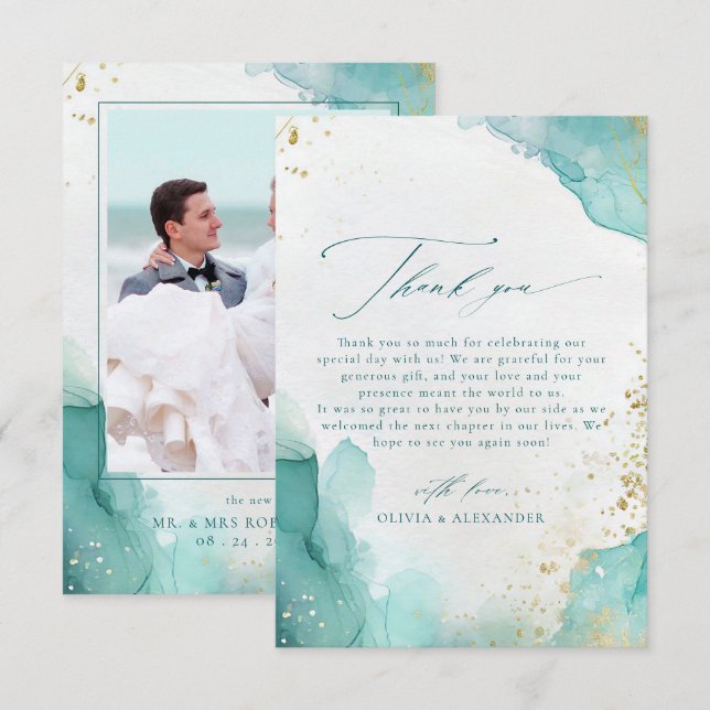 Tarjeta De Agradecimiento Modern Teal Gold Abstract Beach Wedding Photo (Anverso / Reverso)