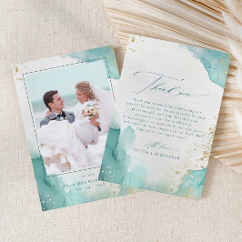 Tarjeta De Agradecimiento Modern Teal Gold Abstract Beach Wedding Photo