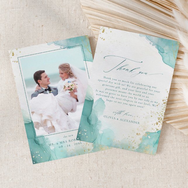 Tarjeta De Agradecimiento Modern Teal Gold Abstract Beach Wedding Photo (Subido por el creador)
