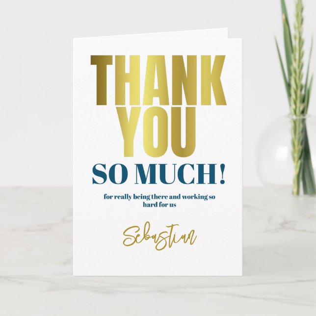 Tarjeta De Agradecimiento Modern Thank You Blue Gold Typography (Anverso)
