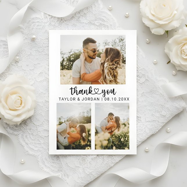 Tarjeta De Agradecimiento Modern Three Photo Collage Heart Script Wedding  (Subido por el creador)