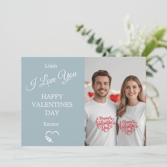 Tarjeta De Agradecimiento Modern Valentine’s Day Photo Card  Light Blue Gray (Anverso de pie)