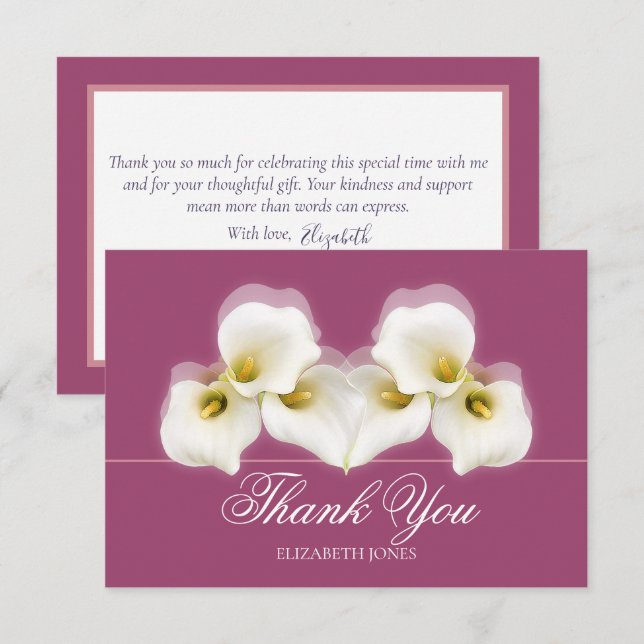 Tarjeta De Agradecimiento Modern White Calla Lilies Bridal Shower Thank You (Anverso / Reverso)