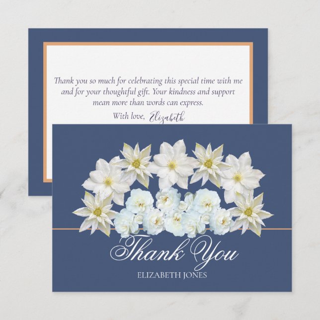 Tarjeta De Agradecimiento Modern White Clematis Rose Bridal Shower Thank You (Anverso / Reverso)
