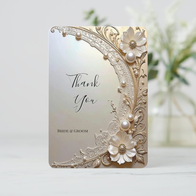 Tarjeta De Agradecimiento Modern White Flowers Pearls Thank You Card (Anverso de pie)