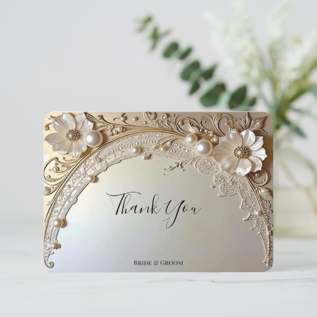 Tarjeta De Agradecimiento Modern White Flowers Pearls Thank You Card (Anverso de pie)