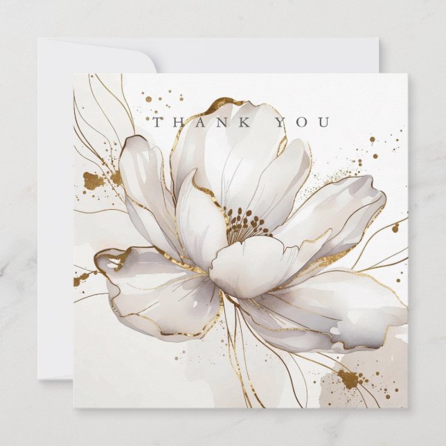 Tarjeta De Agradecimiento Modern White Magnolia Gold Line Art Floral Wedding (Anverso)