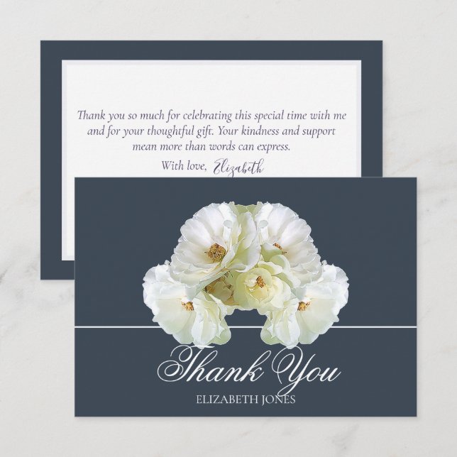 Tarjeta De Agradecimiento Modern White Roses Bridal Shower Thank You Card (Anverso / Reverso)